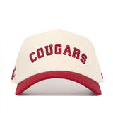 The No Rivals Right Side Up Cougars Hat - Washington State features a white snapback design, bold red embroidered COUGARS logo on the front, and a striking red brim—an ideal addition to your gameday look.