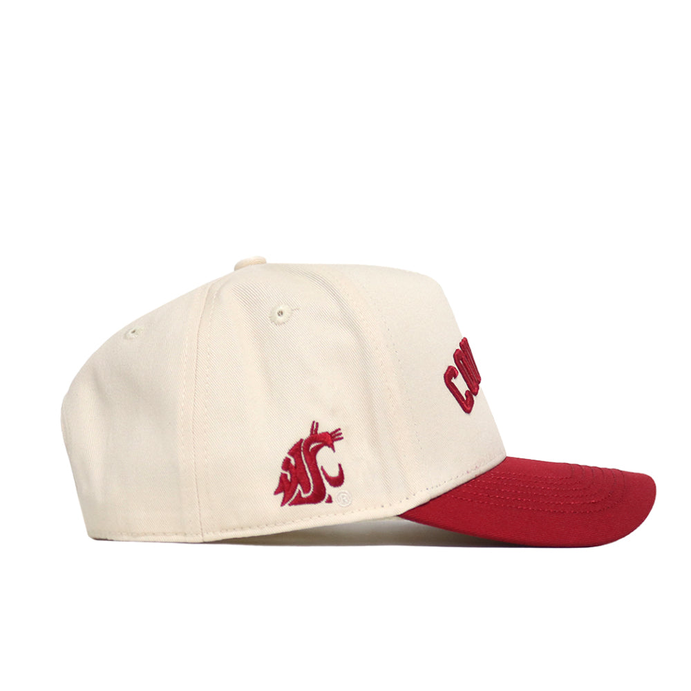 The No Rivals Right Side Up Cougars Hat—cream snapback with a red bill, embroidered cougar logo, and COUG lettering—is the perfect accessory for your Washington State gameday look.