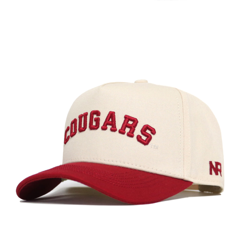 The Right Side Up Cougars Hat by No Rivals features a beige snapback design, red brim, "COUGARS" embroidered in red on the front, and "NR" stitched on the side—making it a perfect gameday fit for Washington State fans.