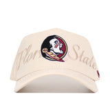 The No Rivals Florida State Stacked Hat is a beige snapback made of quality cotton, featuring the Seminoles logo with a feather and "Florida State" script embroidered on the front.
