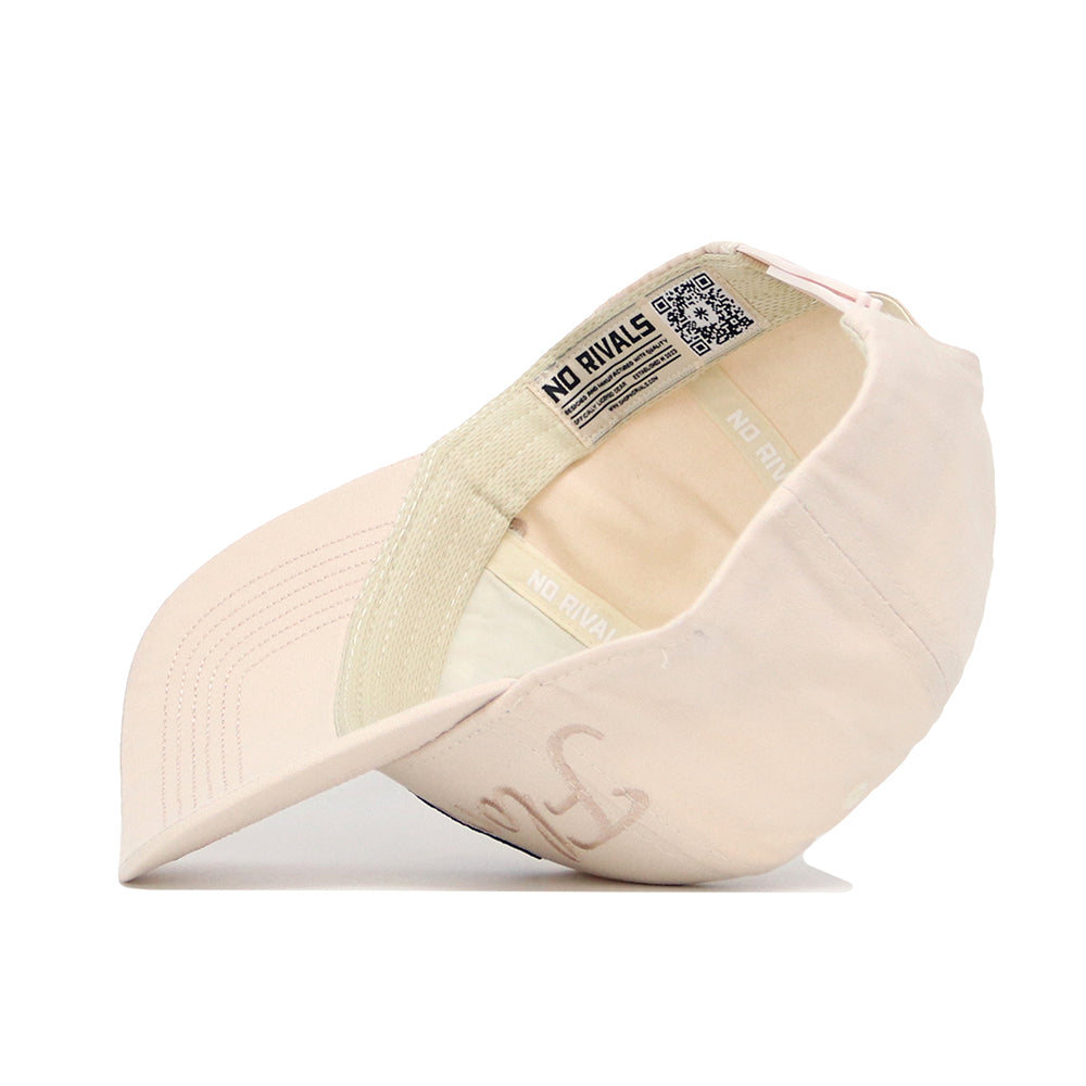 The Florida State Stacked Hat by No Rivals is a light beige snapback made of high-quality cotton. Seen from underneath, it shows the inner band with NO RIVALS in white and a QR code near the back opening, plus visible stitching and a curved brim.