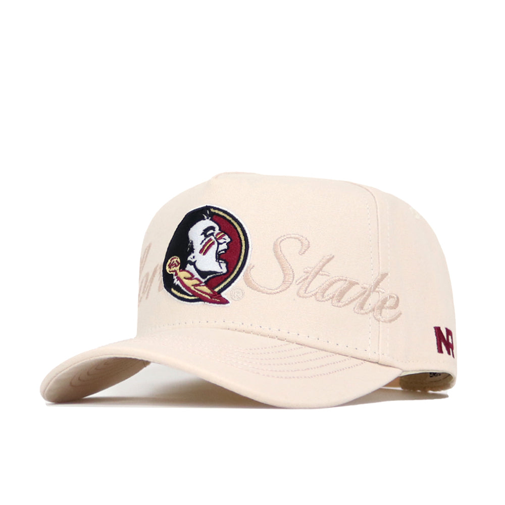 The No Rivals Florida State Stacked Hat is a beige cotton baseball cap with the FSU Seminole head and "State" script on the front, plus N and W on the brim, offering a comfortable structured fit.