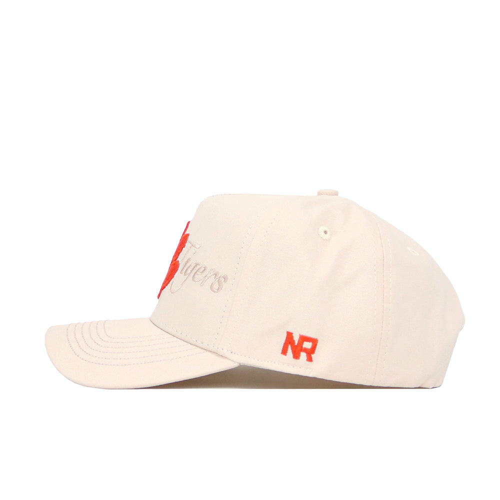 The No Rivals Clemson Stacked Hat is a beige cotton snapback with red embroidered front text and a red NR logo on the side, shown from the left side against a white background.