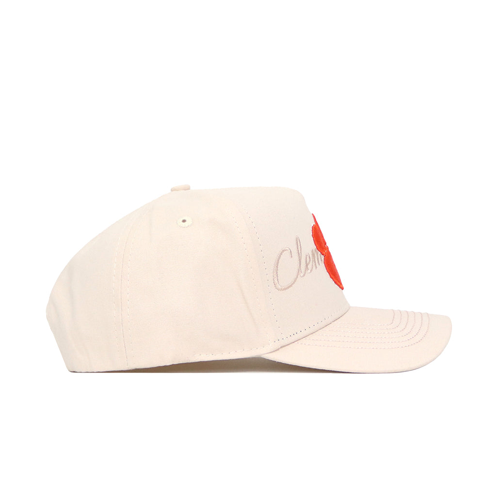 The Clemson Stacked Hat by No Rivals is a beige snapback baseball cap with a curved brim and red "Clem" embroidered on the front. Made from high-quality cotton, it offers a structured fit for lasting comfort and style.