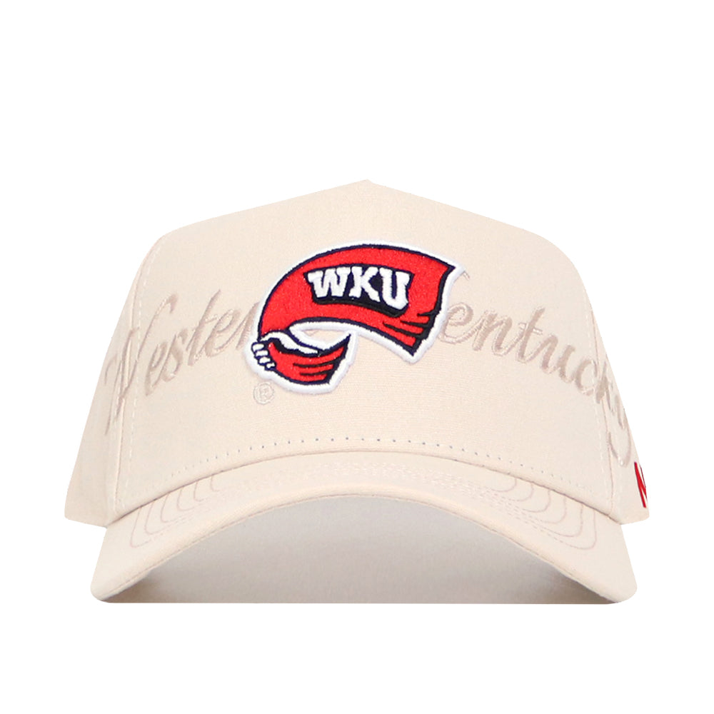 The No Rivals Western Kentucky Stacked Hat is a beige cotton baseball cap with the red and white WKU Hilltoppers logo on the front and "Western Kentucky" embroidered across the crown and brim.