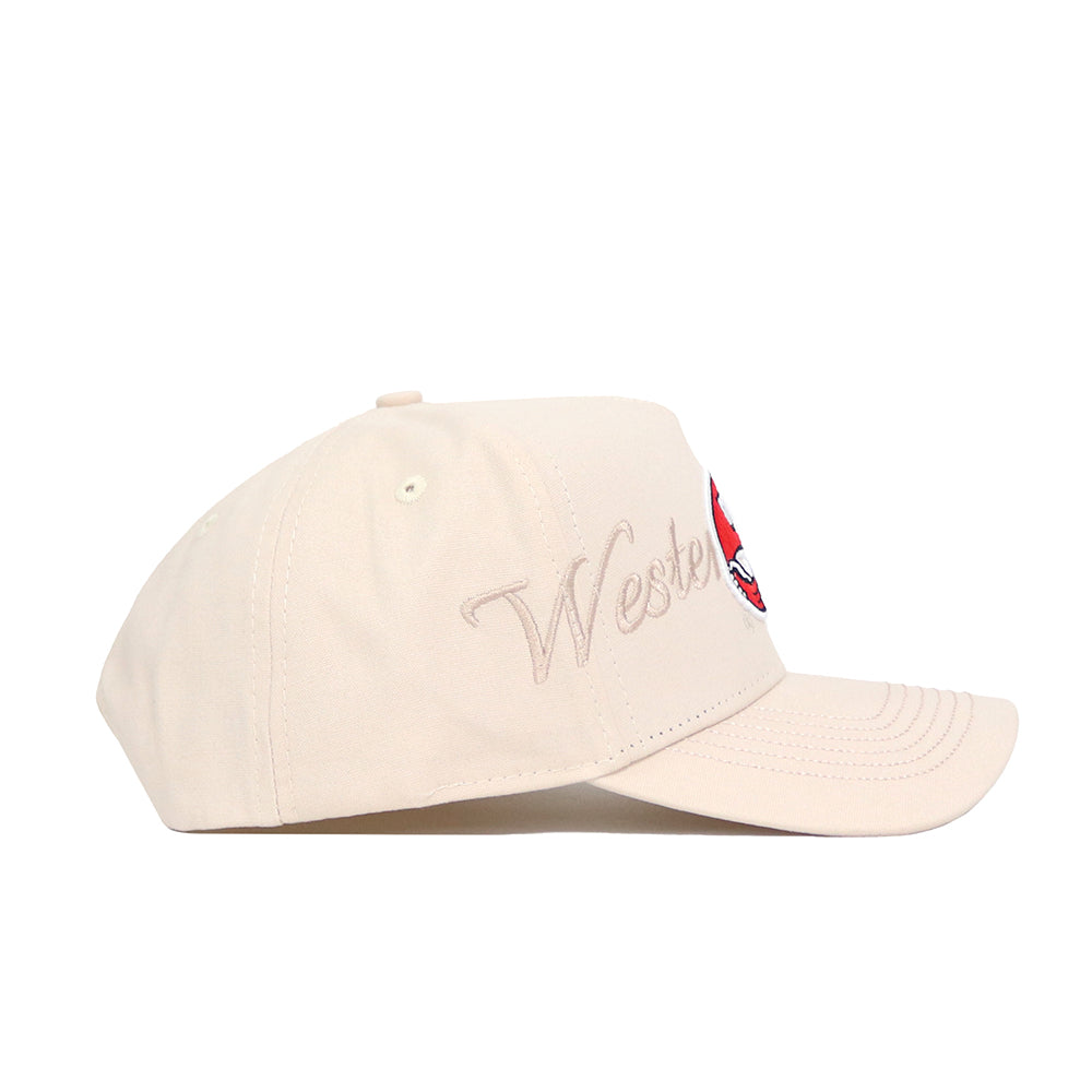 The No Rivals Western Kentucky Stacked Hat is a beige cotton baseball cap with "Western" embroidered on the side in light brown, a red, white, and black graphic on the structured front, and an adjustable snapback closure.