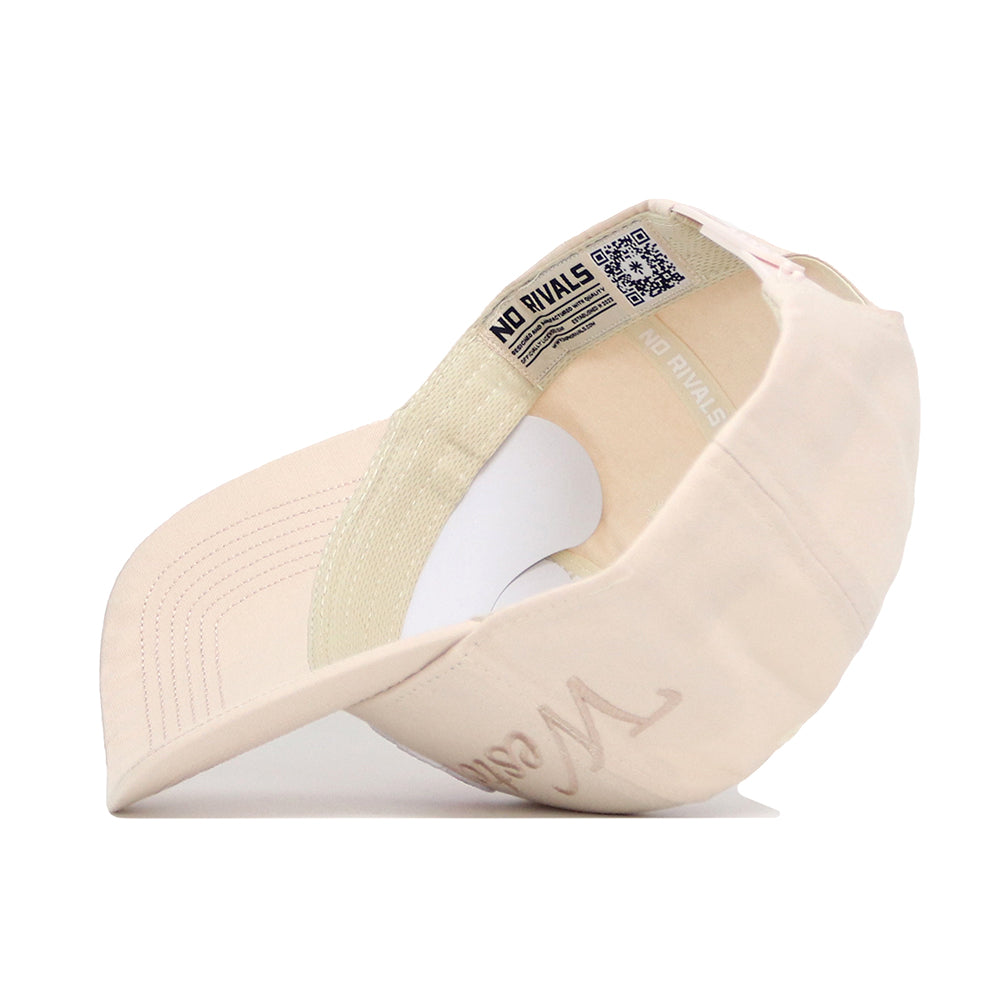 The Western Kentucky Stacked Hat from No Rivals is displayed upside down, showing its interior with "NO RIVALS" printed inside and a QR code on the inner label. Made of high-quality cotton, it features a cursive W on the front.
