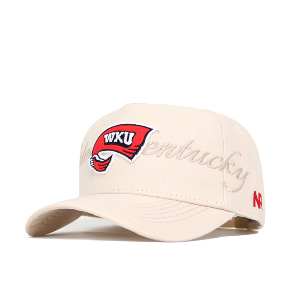 The Western Kentucky Stacked Hat by No Rivals is a beige, structured cotton baseball cap with a red WKU towel logo, "Kentucky" in cursive embroidery, a red '47 logo on the side, and a classic snapback closure.