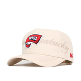 The Western Kentucky Stacked Hat by No Rivals is a beige, structured cotton baseball cap with a red WKU towel logo, "Kentucky" in cursive embroidery, a red '47 logo on the side, and a classic snapback closure.