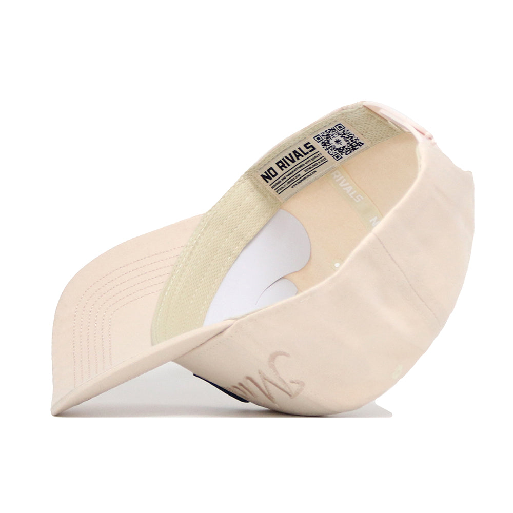 The Michigan State Stacked Hat by No Rivals is shown on its side, revealing a white sweatband with beige strap, QR code, and "NO RIVALS" on the inner rim. Made from high-quality cotton with a curved bill.