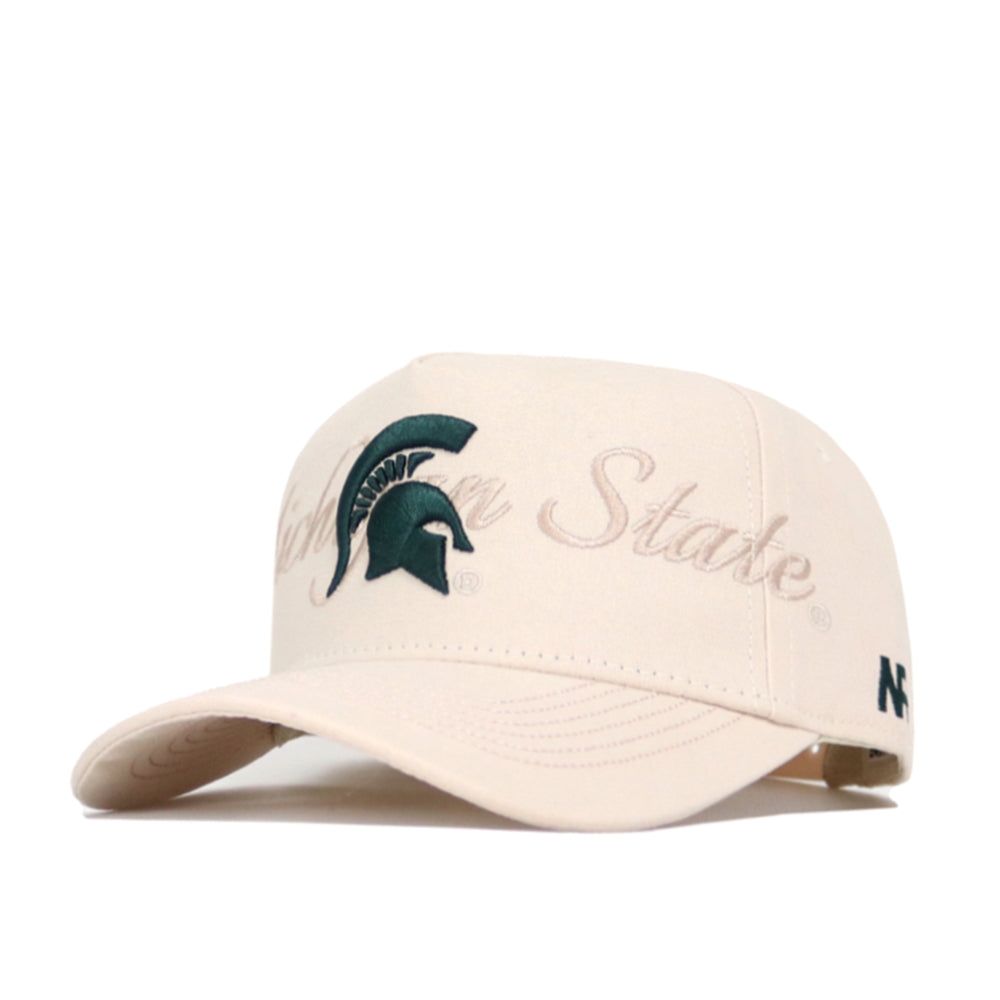 The Michigan State Stacked Hat by No Rivals is a beige snapback made from high-quality cotton, featuring the Spartan helmet logo in green and “Michigan State” on the front. Officially licensed.