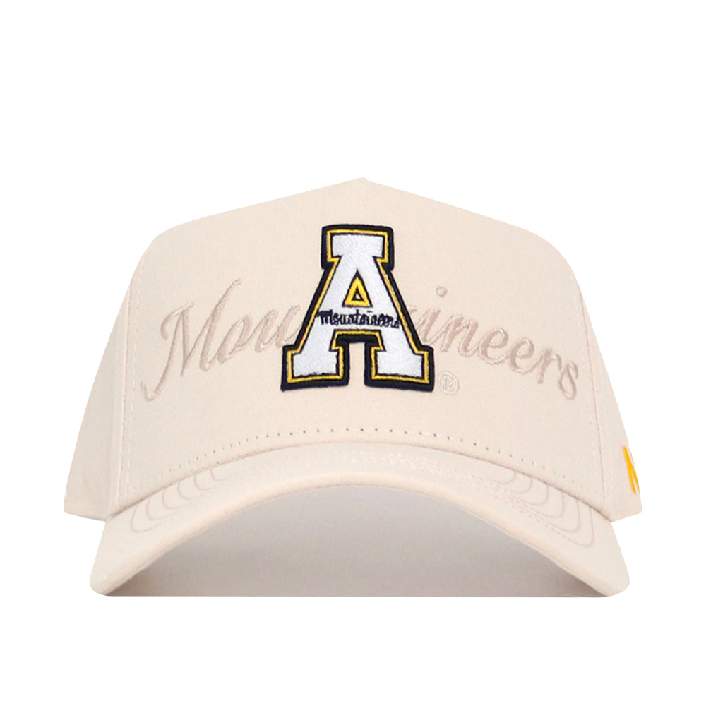 The No Rivals App State Stacked Hat is a beige snapback featuring a large embroidered "A" and "Mountaineers" script on the front, crafted from high-quality cotton for a structured fit.