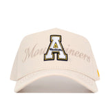 The No Rivals App State Stacked Hat is a beige snapback featuring a large embroidered "A" and "Mountaineers" script on the front, crafted from high-quality cotton for a structured fit.