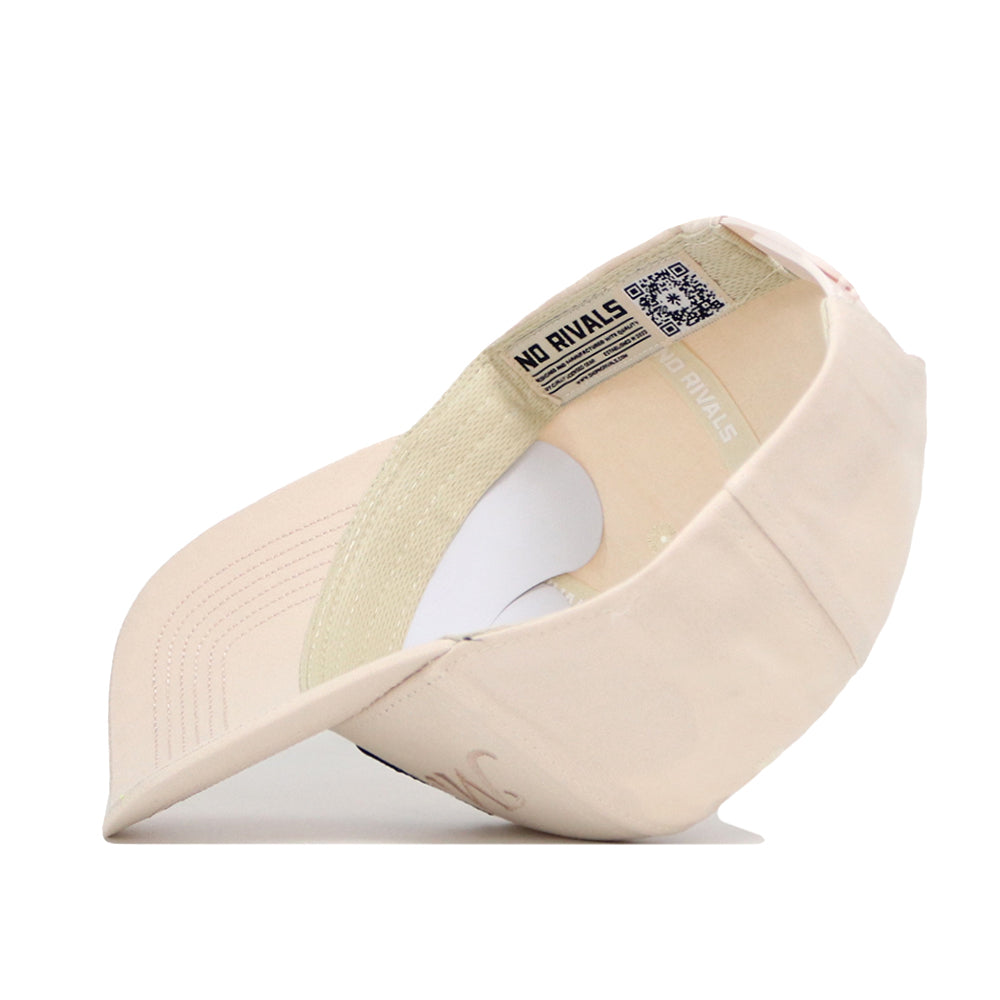The App State Stacked Hat by No Rivals is shown from the side and underneath, displaying the inside brim with NO RIVALS printed on it, a QR code tag, and a structured fit for a stylish look.
