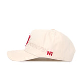 The Indiana Stacked Hat by No Rivals is a cream cotton snapback, featuring "Hoosiers" in red script on the side and a red NR logo near the brim for a structured fit.