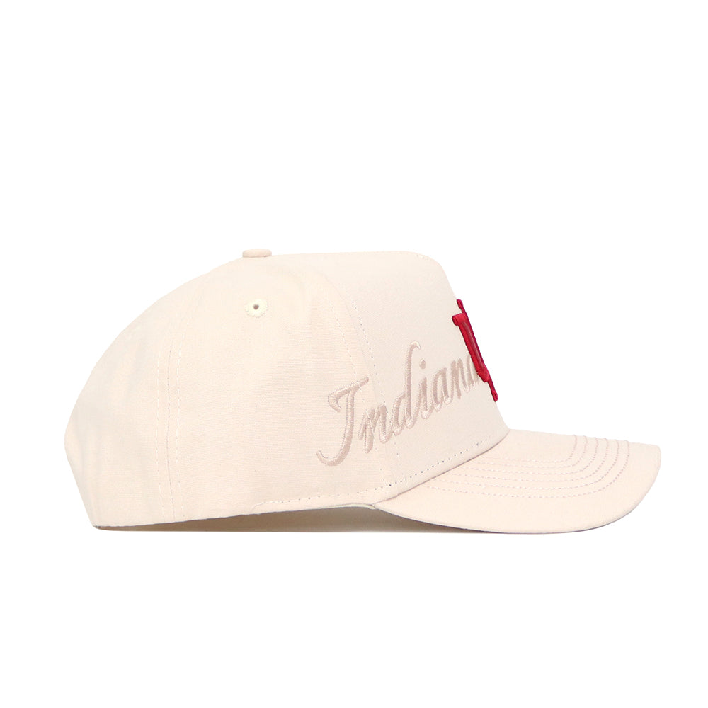 The No Rivals Indiana Stacked Hat is a beige snapback with "Indiana" embroidered in light tan on the side and a raised red letter "I" on the front. This officially licensed cotton hat is perfect for any fan.