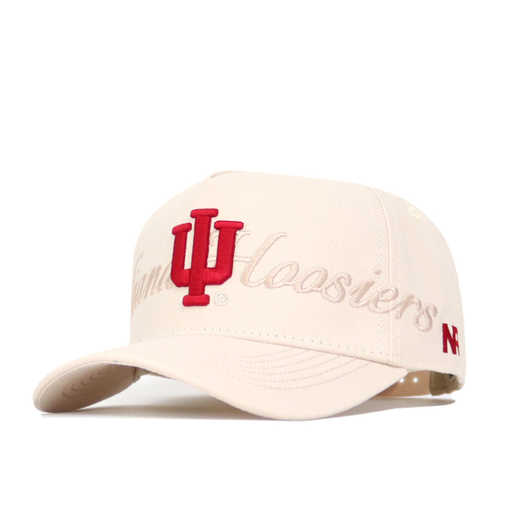 The No Rivals Indiana Stacked Hat is a beige snapback made of high-quality cotton, with a prominent red IU logo and "Hoosiers" embroidered in script across the front.