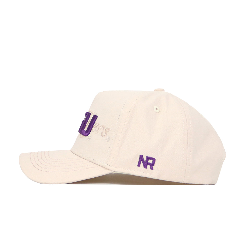 The No Rivals LSU Stacked Hat is a cream cotton snapback with purple embroidery on the front and NR initials on the side. This structured cap features a curved brim and is shown from a side profile view.