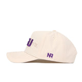The No Rivals LSU Stacked Hat is a cream cotton snapback with purple embroidery on the front and NR initials on the side. This structured cap features a curved brim and is shown from a side profile view.