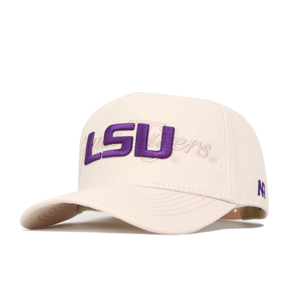 The No Rivals LSU Stacked Hat is a beige snapback made of high-quality cotton, with LSU in large purple letters and faint Tigers embroidery. A purple AR logo accents the brim’s left side for a structured finish.