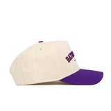 The Baton Rouge Hometown Hat by No Rivals is a beige snapback with a purple brim and embroidered front text, featuring a structured fit. Shown from the side on a white background.