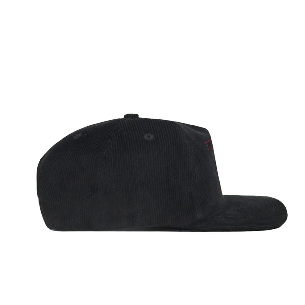 The South Carolina Vintage Cord Hat in black, featuring an unstructured fit, is displayed in side profile against a white background.