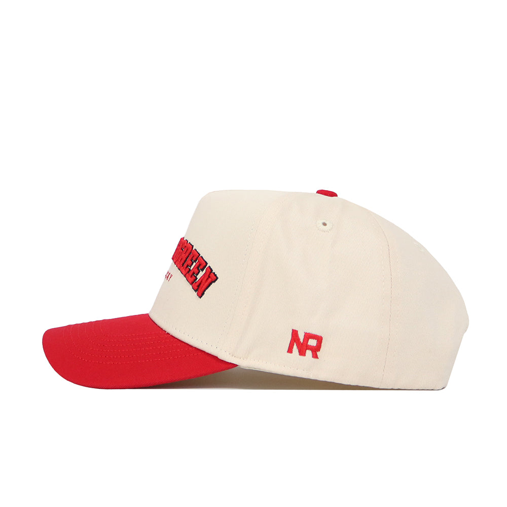 The No Rivals Bowling Green Hometown Hat is a cream structured cap with a red brim, NR in red on the side, and a partial red logo with black outline up front. Crafted from high-quality cotton for lasting comfort.