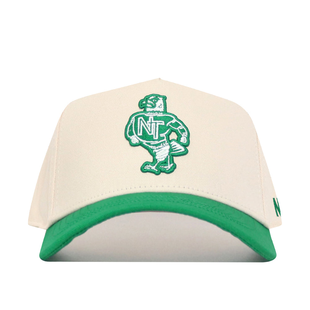 The No Rivals North Texas Logo Patch Hat is a white cotton baseball cap with a green brim, featuring detailed patch embroidery of a green and white cartoon eagle mascot and NT letters on the front.