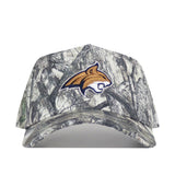 The No Rivals Montana State Outland Hat is a camouflage adjustable cap with a gold and white wildcat logo centered on the front panel.