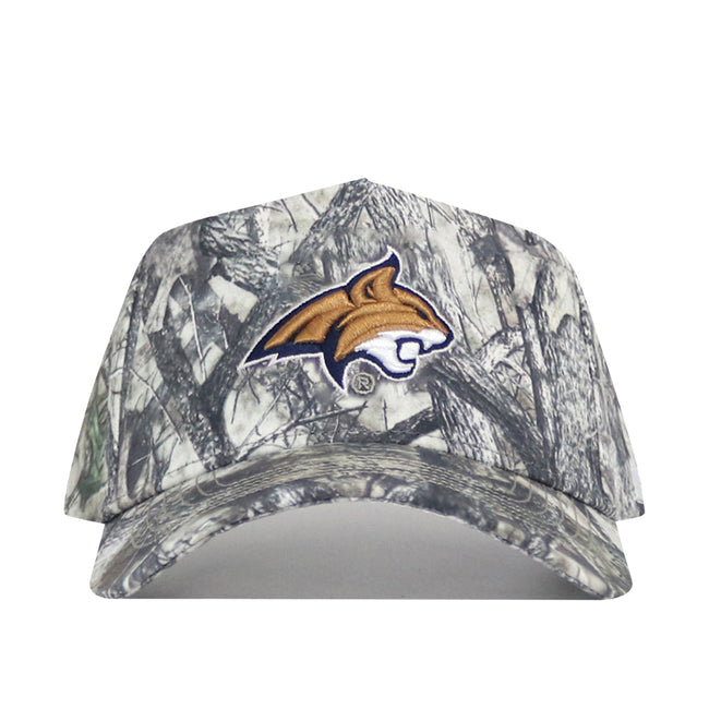 The No Rivals Montana State Outland Hat is a camouflage adjustable cap with a gold and white wildcat logo centered on the front panel.
