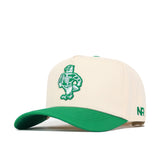 The No Rivals North Texas Logo Patch Hat is a cream snapback with a green brim, green embroidered mascot logo on the front, and “NR” patch embroidery in green on the side. Made from high-quality cotton.