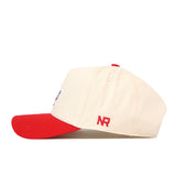 Off-white No Rivals NC State Slobbering Wolf Hat featuring a red brim, a red top button, and a red NR logo embroidered on the side.