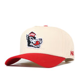 Cream-colored No Rivals NC State Slobbering Wolf Hat with a red brim and an embroidered wolf mascot logo on the front.