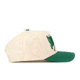Off-white USF Stride Hat with a green brim and green embroidered logos on the side.