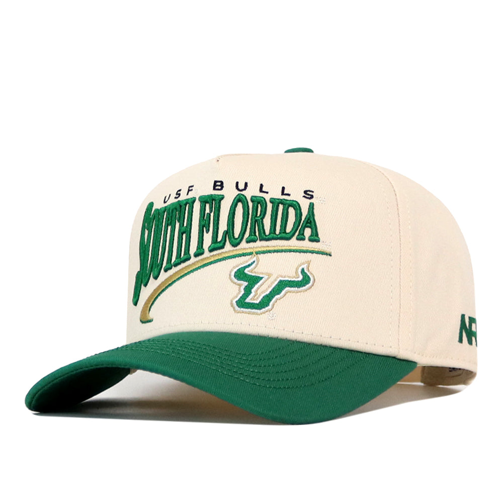 Cream and green USF Stride snapback hat featuring embroidered USF BULLS SOUTH FLORIDA text and the school’s bull logo on the front for a perfect gameday fit.