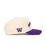 Introducing the Washington Huskies Upside Down Washington Hat - Classic from No Rivals: this cream-colored, adjustable snapback baseball cap features a striking purple brim. A bold purple “W” is embroidered on the side, while “Huskies” appears in purple lettering on the front—making it the ideal hat for any dedicated Washington Huskies fan.
