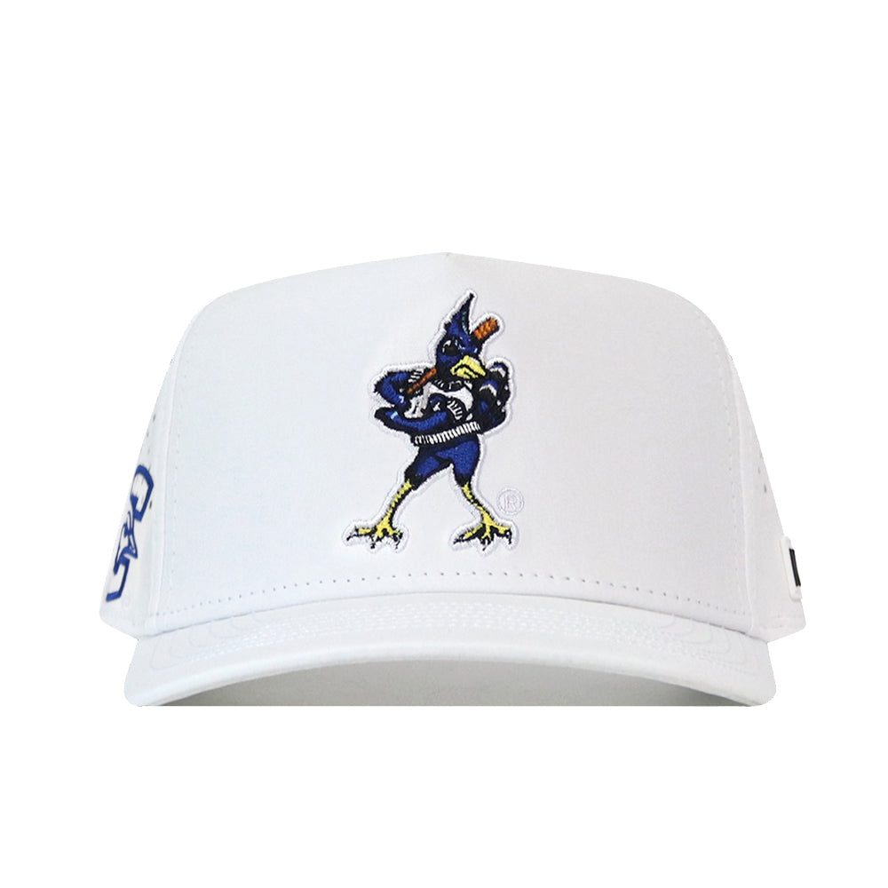 White Creighton Bluejays Baseball Hat by No Rivals, crafted from performance fabric and featuring an embroidered blue and yellow cartoon bird swinging a bat on the front panel. The hat also displays partially visible lettering on the side.