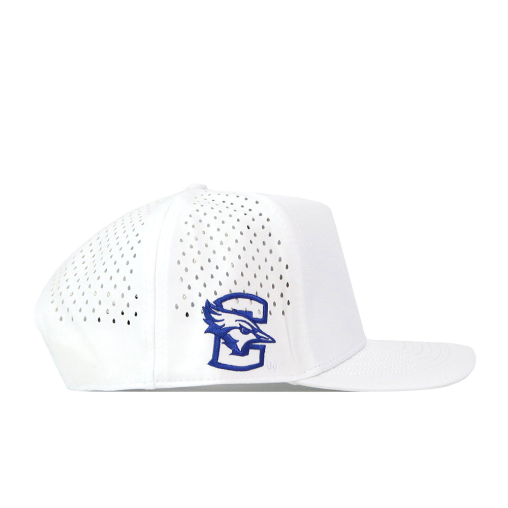 No Rivals Creighton Bluejays Baseball Hat in white, made from performance fabric with ventilation holes, features a blue and gray embroidered Bluejays bird logo on the side and an adjustable snap back for a secure fit.