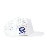No Rivals Creighton Bluejays Baseball Hat in white, made from performance fabric with ventilation holes, features a blue and gray embroidered Bluejays bird logo on the side and an adjustable snap back for a secure fit.