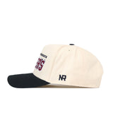 Side view of the No Rivals Minnesota Gophers Alma Mater Hat featuring a cream-colored snapback design with a black brim. “NR” is embroidered in black on the side, and partial maroon text appears on the front, highlighting officially licensed embroidered logos.