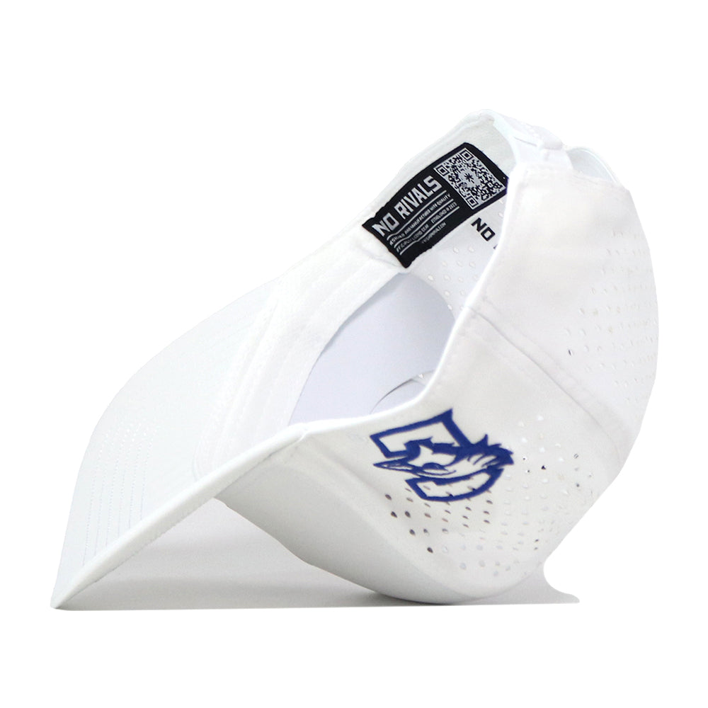 Here is a rewritten sentence using your product data: The No Rivals Creighton Bluejays Baseball Hat in white features an embroidered blue stylized bird head logo on the side, a flat brim, small ventilation holes at the back, and an adjustable snapback closure. The inside label and a QR code are also visible.
