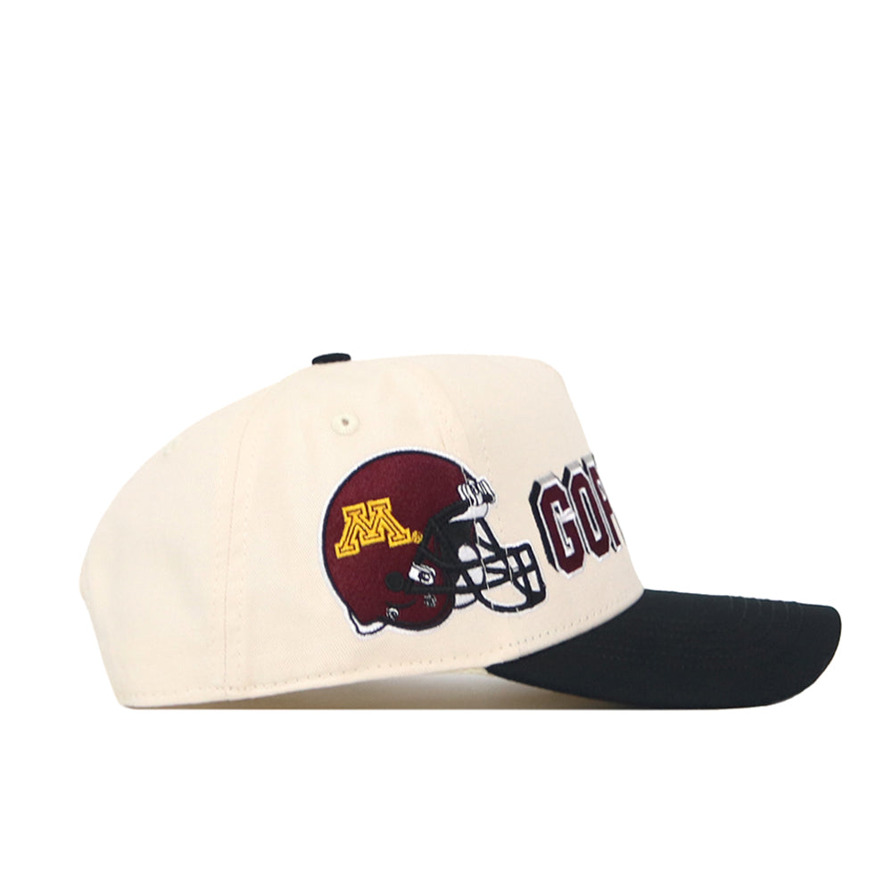 The No Rivals Minnesota Gophers Alma Mater Hat is an officially licensed white and black snapback featuring a maroon football helmet and gold M logo, with bold maroon GOPHERS embroidered on the side. Quality embroidered logos make this standout cap a must-have for fans.