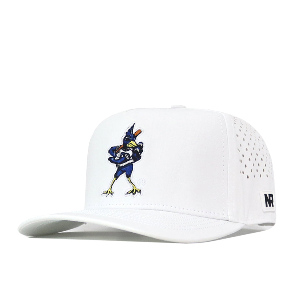 The No Rivals Creighton Bluejays Baseball Hat in white features a blue and yellow roadrunner mascot embroidered on the front, an embroidered logo, small ventilation holes on the sides, a flat brim, and an adjustable snap back closure.