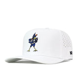 The No Rivals Creighton Bluejays Baseball Hat in white features a blue and yellow roadrunner mascot embroidered on the front, an embroidered logo, small ventilation holes on the sides, a flat brim, and an adjustable snap back closure.