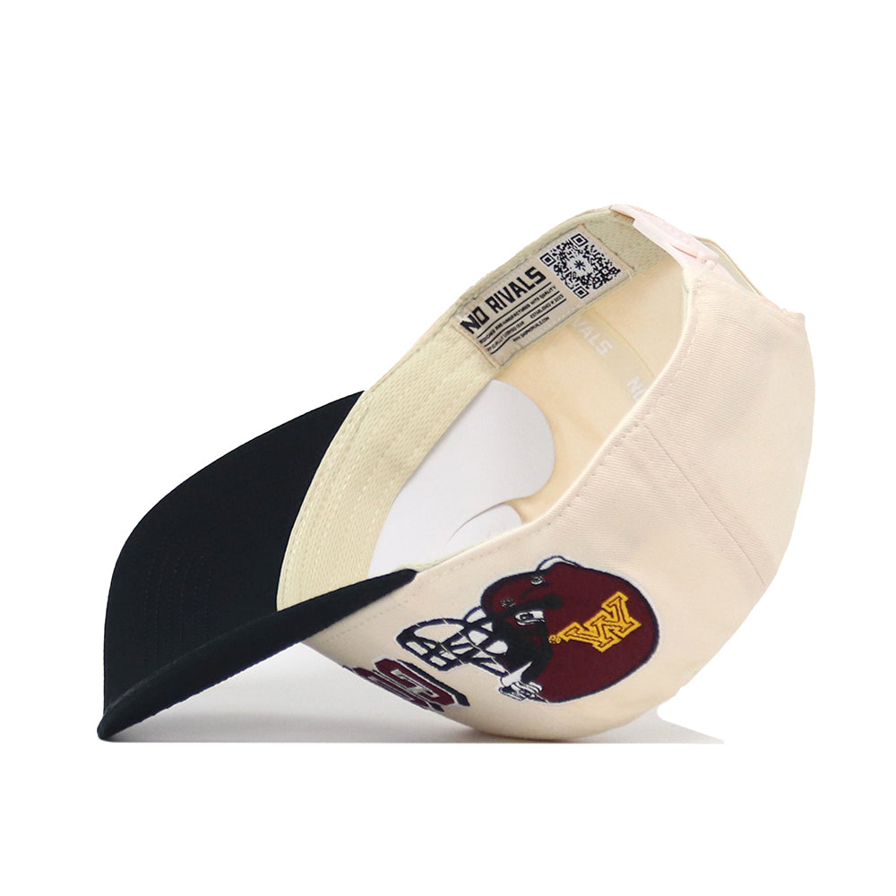 The Minnesota Gophers Alma Mater Hat by No Rivals is shown inside out to reveal the inner tags, while the exterior features a red football helmet graphic and embroidered logos on this officially licensed snapback cap.