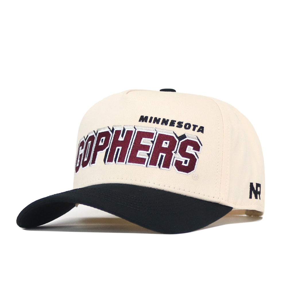 The Minnesota Gophers Alma Mater Hat by No Rivals is a beige and black snapback featuring “MINNESOTA GOPHERS” embroidered on the front in maroon and white, officially licensed logos, and an NR logo stitched on the side.
