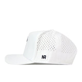 The Creighton Bluejays Volleyball Hat - White by No Rivals is crafted from performance fabric, featuring small ventilation holes on the sides and a black NR embroidered logo patch above the adjustable snap back strap at the back.
