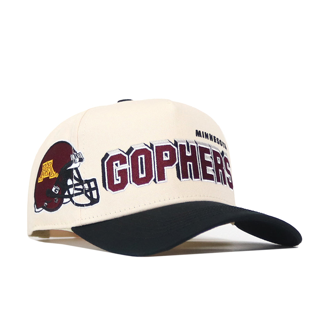 The Minnesota Gophers Alma Mater Hat by No Rivals features a cream and black snapback design, showcasing a maroon Minnesota Gophers football helmet and MINNESOTA GOPHERS text embroidered on the front, along with officially licensed embroidered logos for an authentic look.