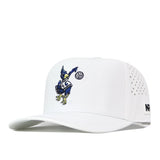 Introducing the Creighton Bluejays Volleyball Hat in white by No Rivals—a performance fabric cap featuring a cartoon bird playing volleyball embroidered on the front panel. This hat offers enhanced comfort with small side perforations for ventilation and an adjustable snap back to ensure a perfect fit.