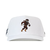 The WVU Mountaineers Football Mascot Hat by No Rivals features a vintage cartoon football player mascot in brown and gold gear embroidered on the front of a white performance fabric cap. Designed for comfort and durability, this hat includes a classic snap back closure for an adjustable fit.